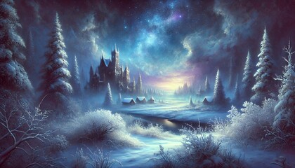 A serene, mystical winter landscape with a snow-covered ground, featuring a distant fantastical building blending harmoniously under a starry sky and warm dusk hues