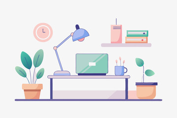 Modern Workspace Vector Illustration with Laptop and Accessories on White Background