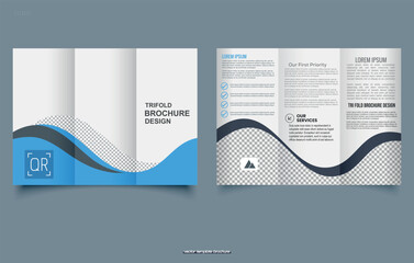 Trifold brochure with blue waves. Vector illustration