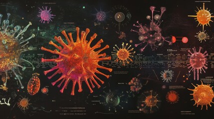 Obraz premium An artistic representation of virus mutations over time, showing the evolution of different strains