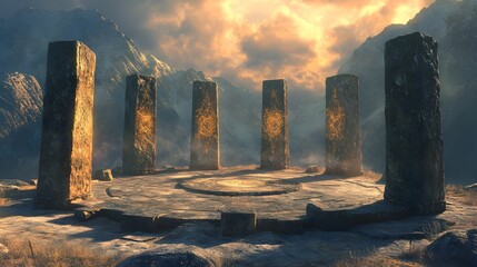 Stone pillars arranged in a ring, engraved with ancient runes that shimmer with latent magic, the remnants of a once-great civilization now shrouded in mystery