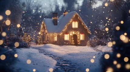 Fototapeta premium Christmas house in snowy landscape with festive lights, conveying warmth and joy.
