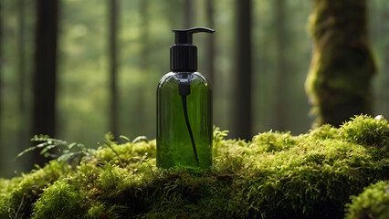 A cosmetic bottle with a dispenser stands in moss against a forest background