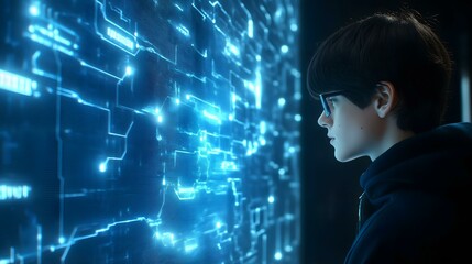 Child observing digital futuristic display