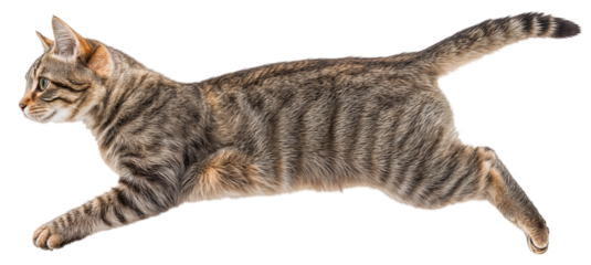 Dynamic tabby cat mid-leap in full extension, isolated on transparent background, agile feline in action, domestic pet jumping, animal movement and active behavior