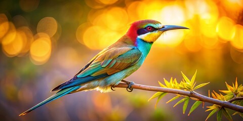 Obraz premium A vibrant bird with iridescent plumage perches gracefully on a slender branch, its beauty accentuated by the warm glow of the setting sun.