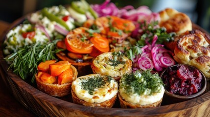 Close-Up of Wooden Platter with Assorted Food Items