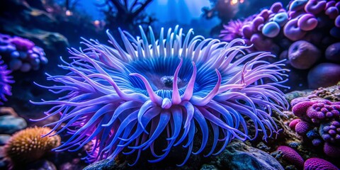 Obraz premium Vibrant Blue and Purple Anemone in Reef Tank Aerial View
