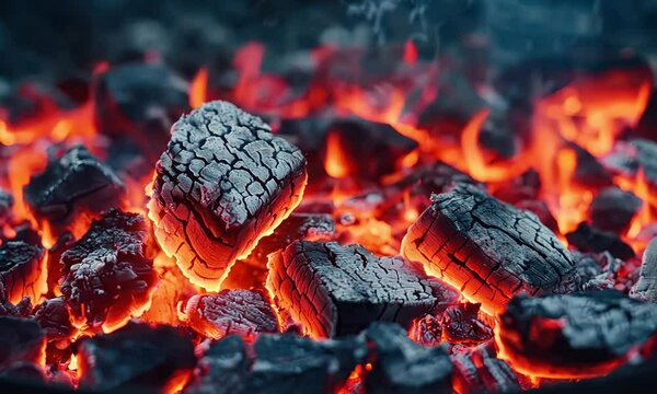 Closeup of glowing coals and embers burning intensely in a fiery furnace or fireplace creating a warm energetic and captivating display of heat and combustion 