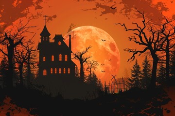 Fototapeta premium Halloween background with silhouette of haunted house halloween moon spooky.