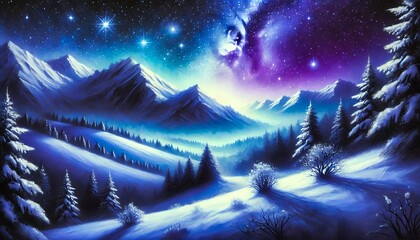 A Mystical Snowy Mountain Landscape under a Deep Blue and Purple Starry Sky, Capturing the Tranquil Beauty and Harmony of a Winter Night