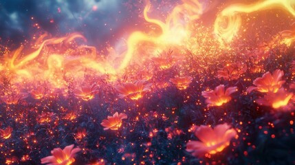 Naklejka premium The image captures a surreal scene of glowing flowers surrounded by sparkling particles, creating a dreamlike landscape. Ideal for fantasy enthusiasts.