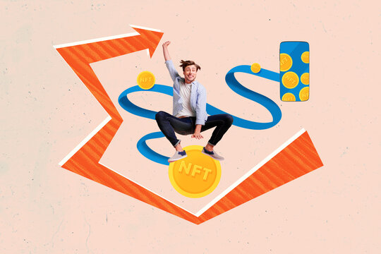 Creative collage young man jump celebrate success nft growth virtual currency golden token smartphone internet trader increase profit