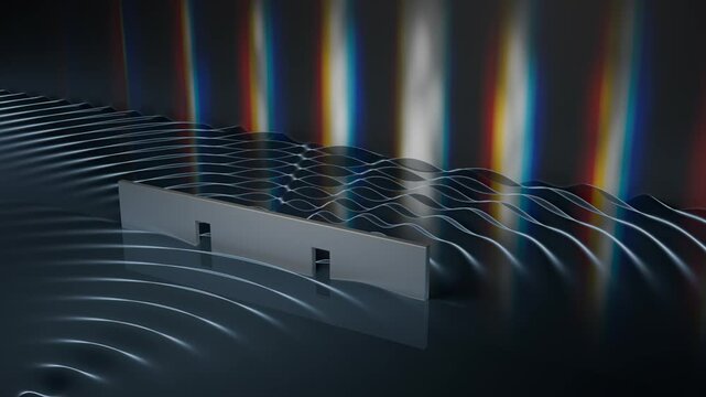 Interference pattern caused by double slit experiment in quantum physics. Wave-particle duality concept.
