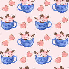 Cute Watercolor Christmas seamless pattern. Ornament with hand drawn Christmas drinks, cocoa with marshmallow, cookie in heart shape