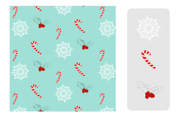 Seamless Winter Holiday Pattern Swatch with Candy Cane, Snowflake, and Holly