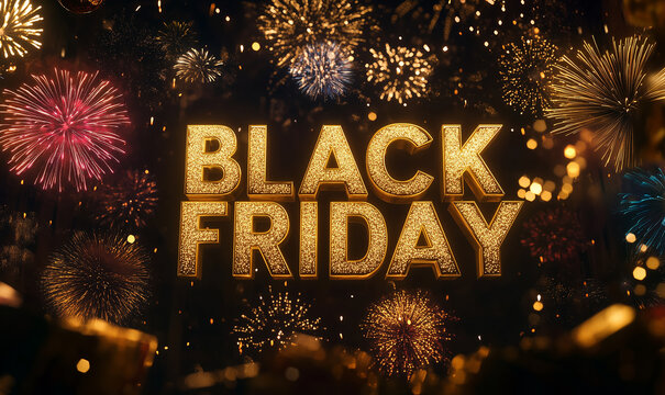 Black Friday text in gold letters on a dark background with colorful fireworks. Copy space. Banner.