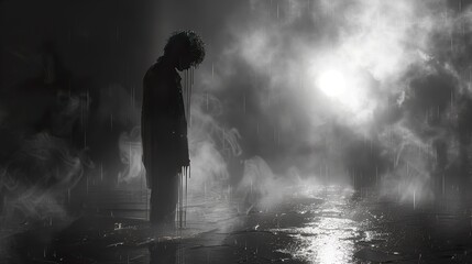Obraz premium Silhouette of a Lonely Figure in the Rain