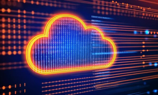 Glowing digital cloud icon representing the advancement and innovation of cloud computing data storage and information technology transformation in the digital age  The image symbolizes the evolution 