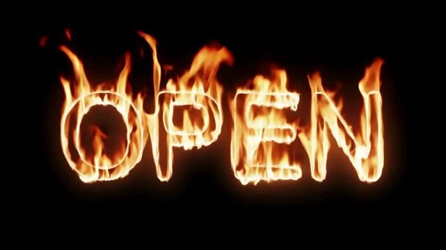Flaming, burning OPEN text on black background Generative AI