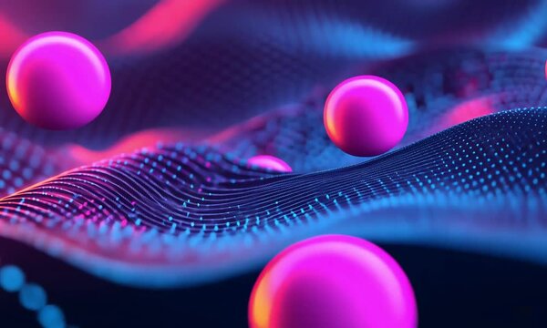 Mesmerizing abstract 3D visualization with vibrant neon particles fluid geometric patterns and pulsating dynamic motion  Futuristic cyberpunk inspired digital art and procedural generative design 