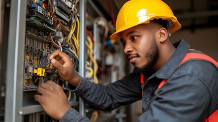 Electrician working on machinery control panel
