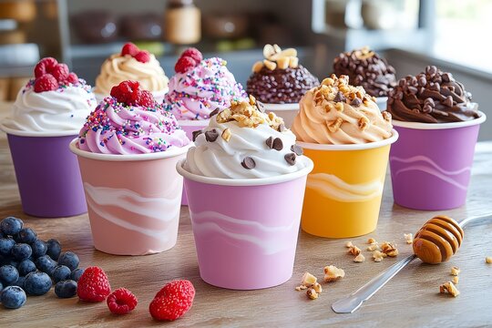 Variety of colorful frozen yogurt cups with toppings