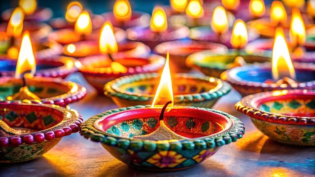  Close-up of colorful diya lamps with a warm and festive mood arranged in a decorative pattern