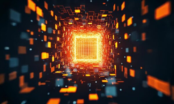 Glowing Digital Tunnel of Luminous Geometric Patterns and Neon Lights  Futuristic science fiction inspired abstract background with a dynamic flow of data energy 