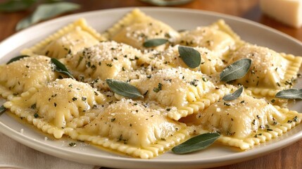 Golden Ravioli with Herb Garnish on Elegant Plate