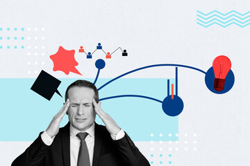 Trend artwork 3D image photo collage of trader business stats sad face emoji man tired multitasking...