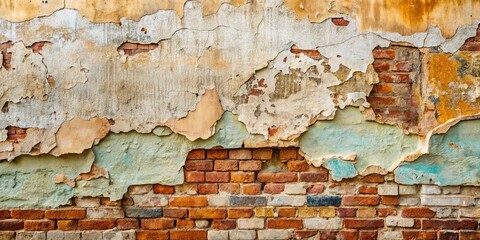 A Weathered Brick Wall With Peeling Layers Of Paint And Mortar Exposing The Underlying Bricks