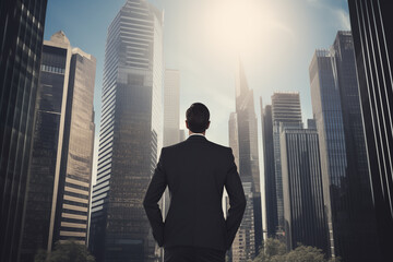 Fototapeta premium A businessman in a sleek black suit, hands in pockets, standing confidently with his back to the viewer, gazing up at towering glass skyscrapers under a clear blue sky.