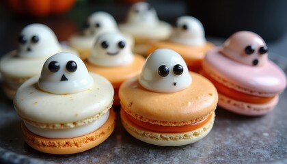 Ghostly Macaron Cookies with Eerie Flavors and Creepy Faces for an Elegant Halloween Dessert.