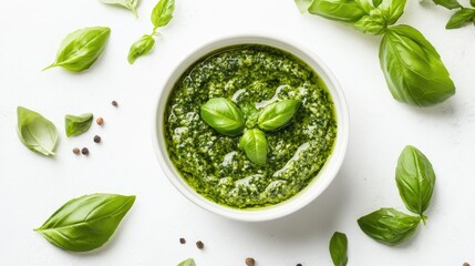 Obraz premium Fresh Green Pesto in a Bowl with Basil Garnish