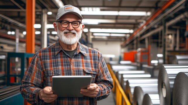 Smiling Senior Factory Worker with Digital Tablet, Modern Manufacturing and Technology.