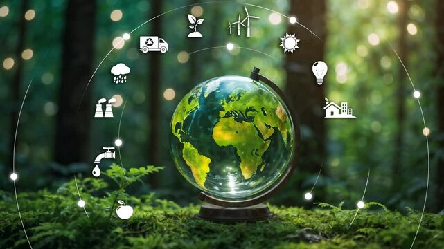 Circular economy concept.crystal globe with a circular economy icon around it.circular economy for future growth of business and design to reuse and renewable material resources.reusing, recycling.4K.
