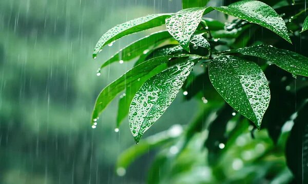 Refreshing rainstorm drenching lush green foliage in natural garden setting  Raindrops falling on vibrant leaves and plants creating a revitalizing wet and dewy outdoor scene 
