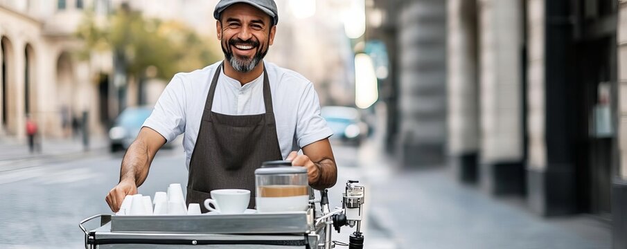 Street vendor with portable espresso cart, European vibes, urban setting, coffee vendor, city street culture