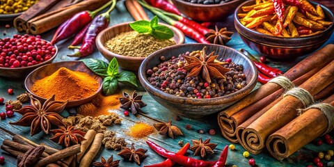 Fototapeta premium Aromatic symphony of spices a vibrant display of cinnamon sticks, star anise, chili peppers, and a medley of peppercorns, all nestled together on a weathered wooden surface.