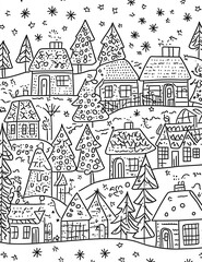 Naklejka premium Villaggio invernale con accoglienti cottage, alberi di Natale e stelle scintillanti. Illustrazione in bianco e nero da colorare per adulti