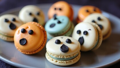 Obraz premium Ghostly Macaron Cookies with Eerie Flavors and Creepy Faces for an Elegant Halloween Dessert.