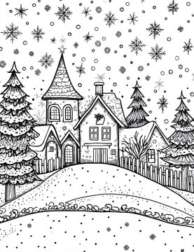 Villaggio invernale con accoglienti cottage, alberi di Natale e stelle scintillanti. Illustrazione in bianco e nero da colorare per adulti