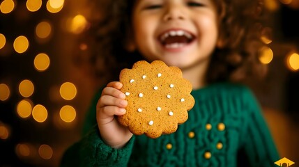 Naklejka premium Happy child holding a cookie, festive lights.
