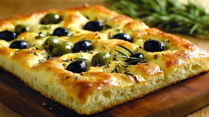 Freshly Baked Olive Focaccia on Wooden Cutting Board