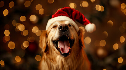 A dog wearing a Christmas hat, Christmas theme, joyful.