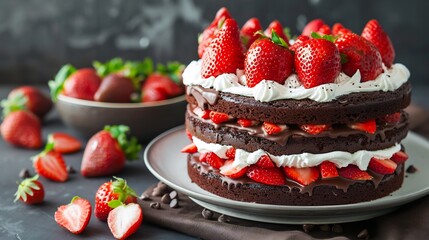 Delicious Chocolate Cake with Strawberries and Whipped Cream