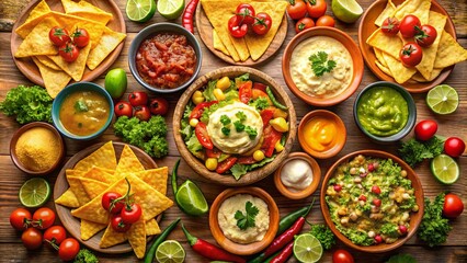 A Rustic Tabletop Display Featuring an Array of Dips, Toppings, and Crunchy Snacks, Perfect for a Shared Meal