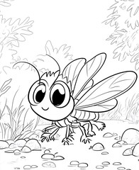 Disegno da colorare in bianco e nero, indicato per bambini. Ape felice in stile cartoon