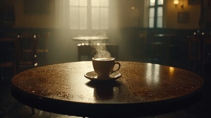 Obraz premium Steaming Cup of Coffee on Wooden Table in Cafe